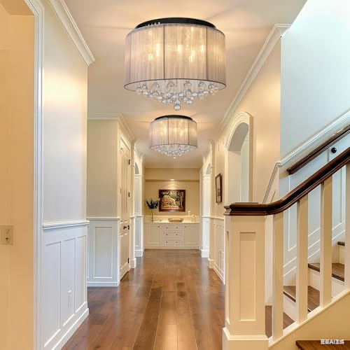 Oyajia Runde Kristall-Pendelleuchte mit Gaze-Schirm Kompatibel mit 8 G9-Leuchtmitteln, Ø 40 x 29 cm Kristall Kronleuchter Flush Mount Decken Kronleuchter für Flur Küche Schlafzimmer