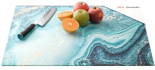 ALLboards Glasschutz für Induktionsherd mit Grafik 60x52 cm BLAU und GOLD, Glasschneidebrett, Schneidebrett aus Sicherheitsglas