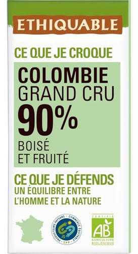 ETHIQUABLE - Chocolat Noir 90% Colombie Bio - 3 Ingrédients Sans Additifs - la tablette de 100g - Le Lot De 4