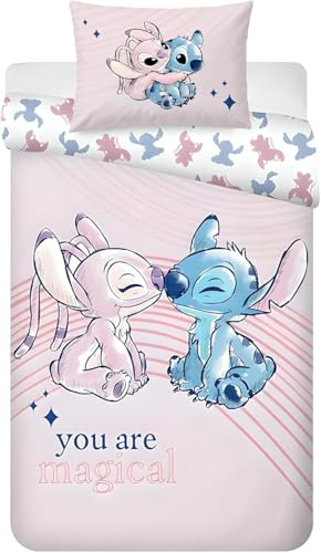 Parure de lit Disney Stitch & Angel pour lit Junior | Housse de Couette 100x135 cm & taie d’Oreiller 40x60 cm, 100% Coton | Douce & Respirante | Literie pour Bebe