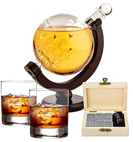AMAVEL Set Whisky Caraffa Mappamondo con Modellino Veliero, 2 Bicchieri in Vetro Classici e 9 Pietre Rinfrescanti in Granito, Accessori Degustazione