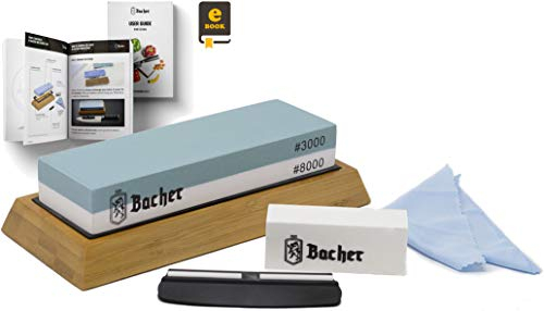 Bacher Premium Schleifstein. Zweiseitig, Körnung 3000/8000 Wetzstein Abziehsteine. Messerschärfer Wasserstein mit rutschfestem Bambusblock, Läppstein, Schleifhilfe und detaillierter eBook-Anleitung