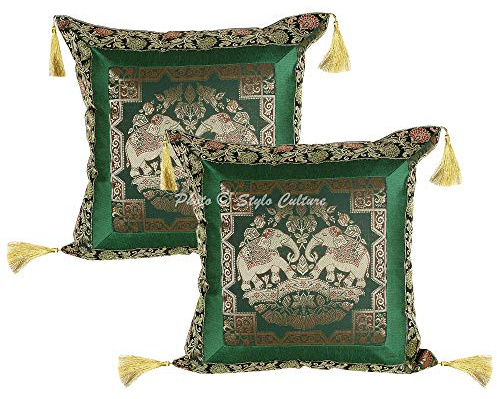 Stylo Culture Indische Dekorativ Brokat Seide Couch Kissenbezüge 45x45 cm Dunkelgrün Dekokissen Jacquard Quasten Schlafzimmer Sofa Kissen Bezüge Elefant Quadrat Reißverschluss Kissenhullen - 2 STK.