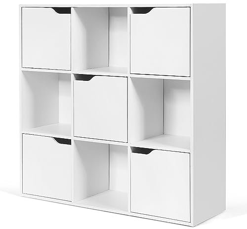 COSTWAY Bibliothèque Étagère de Rangement 9 Cases, Armoire de Rangement avec 4 Cubes Ouverts 28 x 28 cm, 5 Compartiments avec Porte, Meuble de Rangement pour Salon, Bureau, Chambre, Blanc