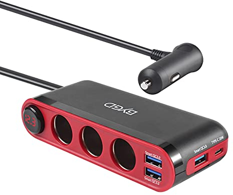BYGD Cargador Coche Carga Rápida, 12V/24V Cargador Coche,Divisor Salida 3 Socket Adaptador Mechero Coche,con 18W PD/QC 3.0, con 3 Puertos de Carga USB & Voltímetro LED