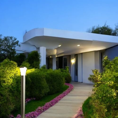 Hochwertige LED Edelstahl Außen-Steh-Wege-Leuchte-Lampe SIEGEN Kunststoff-Schirm weiß 1x E27 6,5W 810lm 2700K H: 100cm D:12cm IP44 Gartenbeleuchtung (Stehleuchte mit LED)