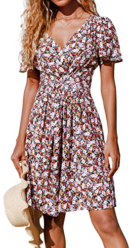 CUPSHE Damen Kleid V Ausschnitt Kurzarm Blümchenmuster Knöpfen Sommerkleid Freizeitkleid Strand Mini Dress Mehrfarbig M