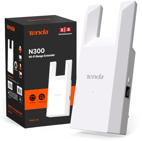 Tenda WLAN Verstärker Repeater A9, 300 Mbit/s, Ethernet-Port 10/100 MBit/s, Abdeckung bis zu 120 m², WPS, AP-Modus, kompatibel mit FritzBox, einfache Installation, unterstützt IPv6