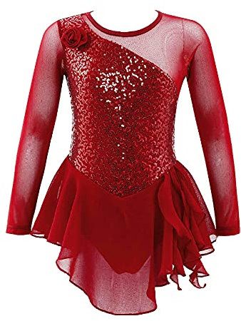 iEFiEL Kinder Mädchen Eiskunstlauf Kleid Langarm Swing Schaukel Tanzkleid Pailletten Ballettkleid Body Glitzer Trikot Turnanzug Gr. 104-176 Rot Blumen 152