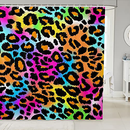 Leopard Drucken Duschvorhang 180x200cm Neon Regenbogen Leopardenfell mit Haken Meliert Exotisch Panthera Haut Duschvorhang Textil Bunte Tarnung Safari Wasserdichtes Tuch Stoff Badezimmer Dekor