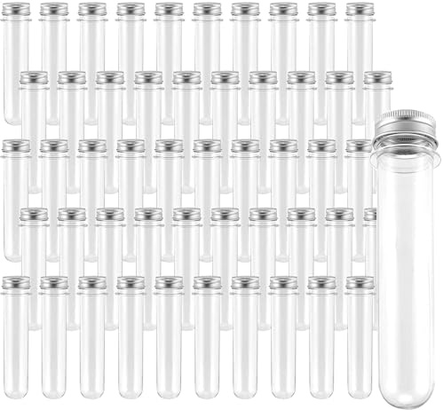 HAKZEON 50 PCS 40ml Plastic Test Tube with Caps, 140 x 25 mm Clear Test Tubes with 50 Seal Protection Sheets for Scientific Experiments, Plant cultivation, Party Decoration, Candies Salt Container
