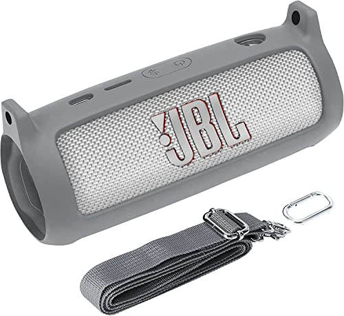 co2CREA Funda de Silicona para JBL Flip 6 Altavoz inalámbrico portátil .Mosquetón de Gancho + cinturón en Bandolera + Silicona(Altavoz no Incluido) (Gris)
