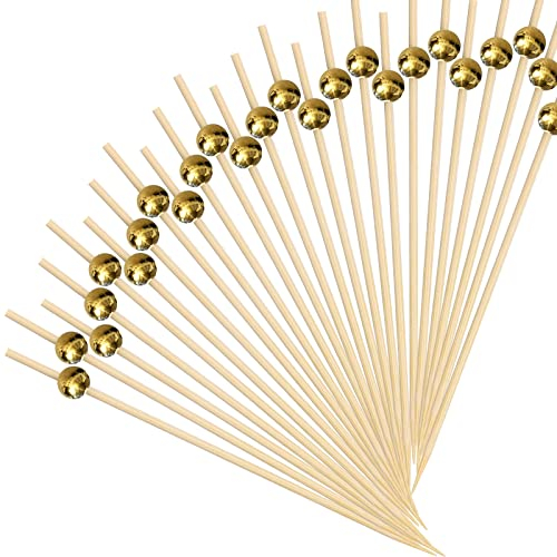AIEX 200pcs 12 cm Pique à Cocktail en Bambou, Pics à Cocktail Cocktail Picks Cocktail Skewers Brochettes Aperitif Pique à Nourriture pour Apéritifs Gâteaux Desserts Fruits Boissons Fête (Perle d'Or)