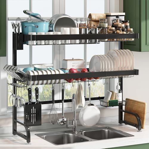 Over The Sink Drainer Rack, 3 Tier Full 304 Stainless Steel Over The Sink Dish Rack for Kitchen, Above Sink Dish Rack, Expandable Over The Sink Dish Drying Rack with 10 Hooks (Black - 25.5-35.5)