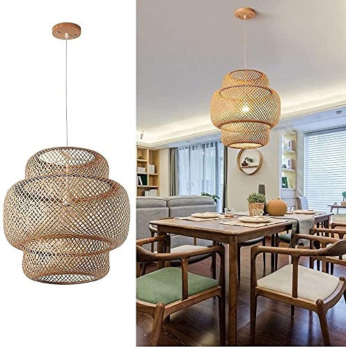 Hand-Woven Bamboo Pendant Light Battery Operated Light,Rattan Handwoven Battery Powered Pendant Lamp,Natural Chandeliers Woven Light,1 Light Hanging Light for Kitchen Farmhouse (Color : Natural)