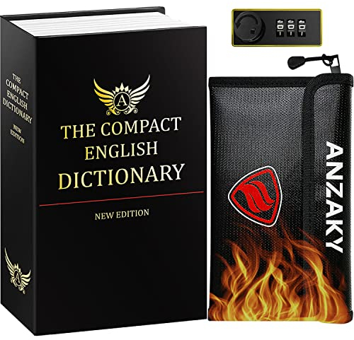 ANZAKY Coffre-fort en forme de dictionnaire avec serrure à combinaison et sac à argent ignifuge, boîte de rangement dictionnaire pour espèces cachées, cachette d'argent, coffre-fort secret portable en