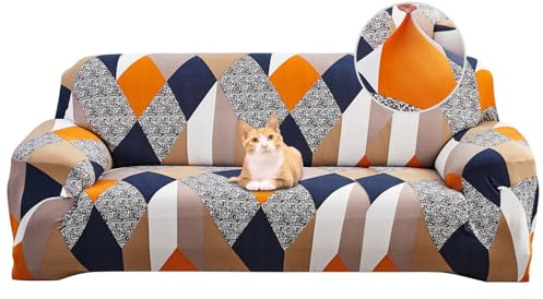 Jaotto Housse de Canapé Extensible 3 Place Couverture Canapé avec Accoudoirs Moderne Couvre Canapé Elastique Universelle Revêtement de Canapé Housse de Protection,Géométrie Orange