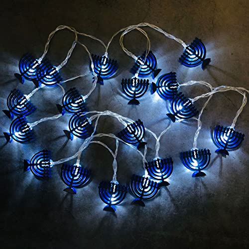 Riaxuebiy Chanukka Dekoration Lichterketten,Blau Davidstern,9 Zweige Menorah Lichterkette Batteriebetrieben für Innen Chanuka Hochzeit Weihnachts Dekoration (3m/20led, Menorah)