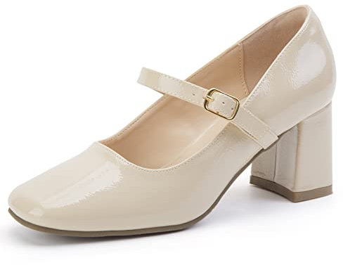 Greatonu Womens Chunky Low Block Heels Mary Jane Shoes Faux Patent Leather Ankle Strap Square Toe Retro Court Shoes Office Party Wedding Dress Shoes Beige Size 5