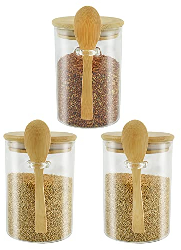 AolKee 3Pcs Bocaux en Verre Hermétique et cuillère 600ml, Bocaux Rangement Cuisine, Pot en Verre avec Couvercle pour le stockage de thé/sucre/café/épices dans, bocal en verre avec couvercle