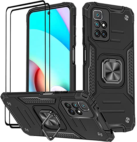 KANSi Hülle für Xiaomi Redmi 10 / Redmi 10 2022, Schutzfolie [2 Stück] Silikon TPU Hart PC Handy Hüllen 360 Grad Drehbar Ringhalter Bumper Stoßdämpfung Schutzhülle - Schwarz