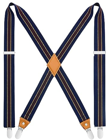 HISDERN Herren 3,5 cm breiter Hosenträger in X-Form mit sehr Starken 4 Metall Clip für Männer und Damen elastisch und verstellbar Blaubraune Streifen