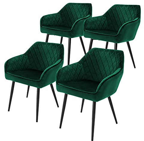 ML-Design 4er Set Esszimmerstühle mit Armlehne und Rückenlehne, Dunkelgrün, Küchenstuhl mit Samtbezug, Polsterstuhl mit Metallbeinen, Ergonomischer Stuhl für Esstisch, Esszimmerstuhl Wohnzimmerstuhl