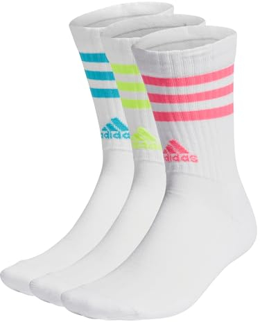 adidas Unisex 3-Stripes Cushioned Crew Socks 3 Pairs, White / Lucid Cyan / Lucid Lemon / Lucid Pink, 48-51