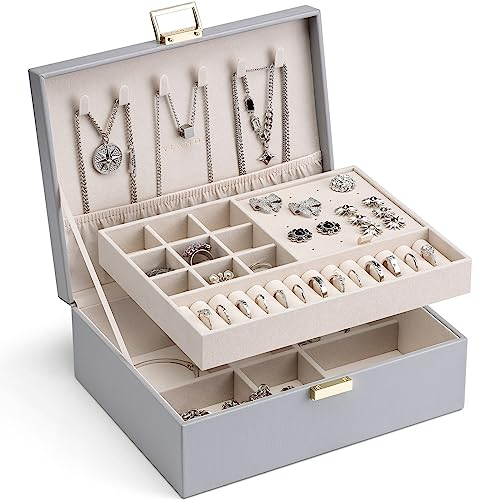 Vlando Schmuckkästchen 2 Ebenen, Schmuckaufbewahrung Box Groß, Schmuckkasten für Damen Mädchen, Abnehmbares Schmucktablett für Ringe, Ohrringe, Halsketten, Geschenk für Frauen
