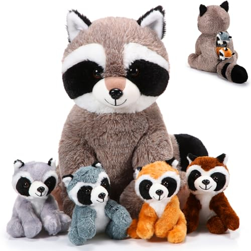 Harrycle 5 Stück Waschbär Kuscheltier Set Süßer Mama Waschbär Plüsch mit 4 Baby Waschbären im Bauch Kuschelige Weiche Waschbär Spielzeuge für Jungen Mädchen Geburtstag Wald Party (Kuscheliger Stil)