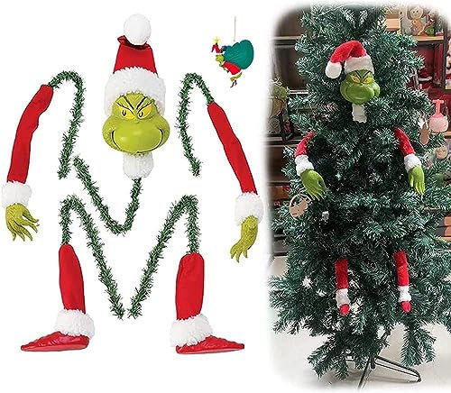 Grinch, albero con testa di elfo, braccia e gambe, decorazioni creative per feste di Natale, decorazioni per albero di Natale, decorazioni per albero di Natale, ornamenti per puntali per albero di
