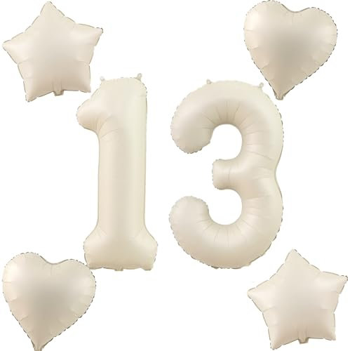 Beige Luftballons Zahl 13+4 pcs herz/stern Folienballon Zahl 13 .Geburtstag mädchen,40 Riesenzahl Ballons 13.geburtstagsdeko Jungen,Zahlenballon 13, Helium Ballons 13 Zahlen Luftballons