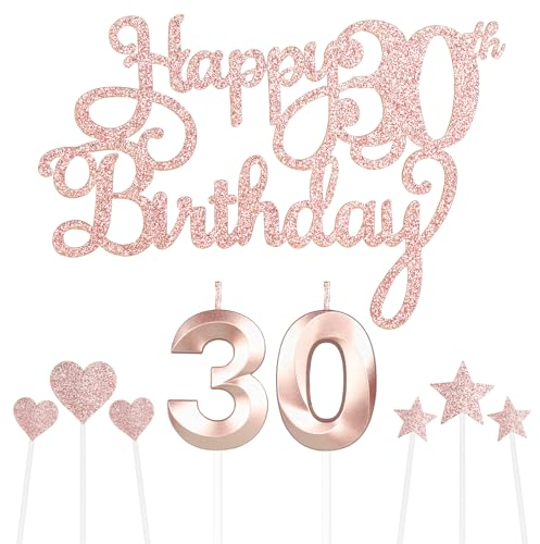 Personalised Rose Gold 30th Birthday Cake Topper with Number 30 Birthday Candles, Star Cupcake Toppers - Set of 9