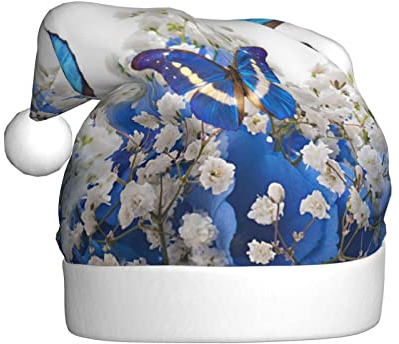 Jmorco Blaue Schmetterlinge, weiße Blumen, bedruckte Weihnachtsmütze für Erwachsene, Unisex, Weihnachtsmannmütze, Weihnachtsmütze für Weihnachten, Neujahr, festliche Feiertagsparty