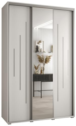 MEBLE KRYSPOL Davos 13 160 Schrank mit DREI Schiebetüren für Schlafzimmer - Moderner Kleiderschrank mit Spiegel, Kleiderstange und Regalen - 235,2x160x45 cm - Weiß Weiß Silber
