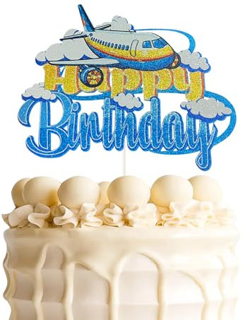 Airplane Happy Birthday Cake Topper, Plane Travel Theme Kids Birthday Cake Decor,Airplane Time Flies Baby Shower Party Decoration