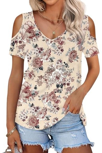 WNEEDU Camisetas Manga Corta Mujer Verano Blusas Cuello V Top Elegante Basicas T-Shirt Flor de Tinta de Albaricoque M