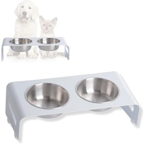 PETLINUS Gamelle Chat Surélevée et Inclinée Double - Gamelle Acier INOX avec Support en métal - Incliné à 15º- Gamelle Chiot, Chien Petit ou Bol Chat, Mangeoirs et Abreuvoirs - Blanc