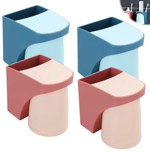 LEKEFETO 4 Stück Zahnbürstenhalter Wand: Zahnputzbecherhalter ohne Bohren, Zahnbürstenhalter mit Magnetischem Becher, Zahnputzbecher Set für Badezimmer(Rot + Blau)