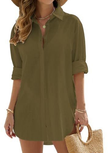 Vancavoo Strandkleid Damen Sommer Strandbluse Strandhemd V-Ausschnitt Strandtunika Lose Button-Down Strandponcho Longbluse Bikini Cover Up