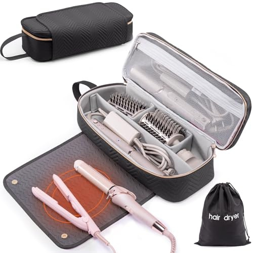 ELCUPA 2-in-1 Reisetasche für Haarwerkzeuge mit hitzebeständiger Matte für Glätteisen, Glätteisen, Lockenstäbe und Haartrockner-Etui, kompatibel mit AC-Haartrockner
