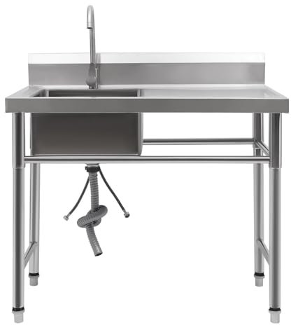 Fregadero de plata, fregadero de acero inoxidable, independiente con ángulo de ajuste de 360°, colador de drenaje, para restaurantes, cantinas, cafetería y jardín, 100 x 60 x 93 cm