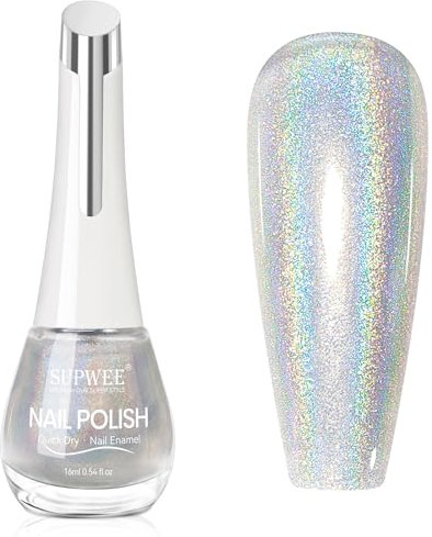 SUPWEE Holographic Nail Polish - 16ML Laser Effect Silver Nail Polish Mirror Glitter Quick Dry Nail Varnish Shimmer Metallic Gel for Nail Art Long Lasting No Needed Curing