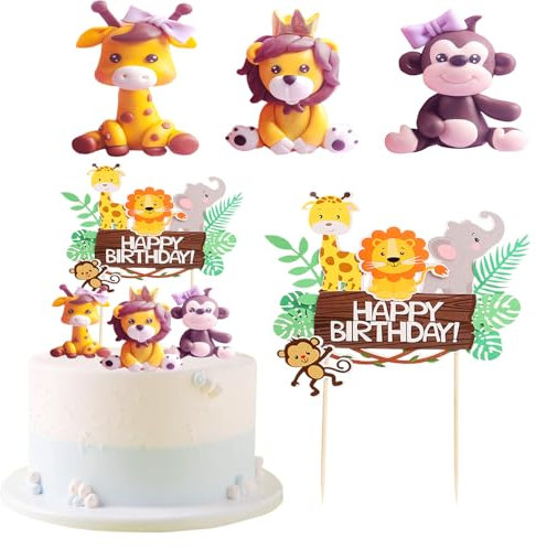 Neodtx Tierfiguren-Dekoration Tortendeko 1. Geburtstag Cake Topper Happy Birthday Cake Decoration Animals Lions Tortenaufleger Bals Forest Safari 1 Baby mädchen kinder
