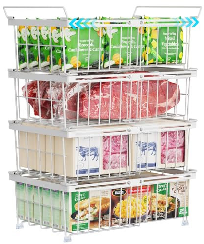 iSPECLE Chest Freezer Baskets - Expandable Fit 283 to 566L Deep Freezer, 4 Pack Large Stackable Wire Basket Add Space Easily Get Frozen Foods with Handles, Allow Air Circulation, White