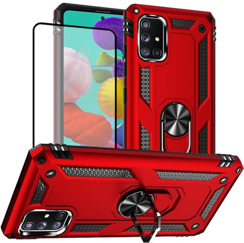 für Samsung A51 Hülle mit Schutzfolie: Doppelschicht Stoßfest Schlank Ganzkörperschutz Mit Ständer für Samsung Galaxy A51 (Rot)