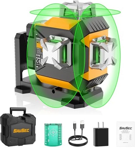 3 x 360° Laser Level, 3D Self-Leveling Green Cross Line Laser 12 Lines Lazer Level and Alignment Laser Tool for Indoor Outdoor, Rechargeable/Brightness Adjustable/Type-C Input & Hard Carry Case -703CG