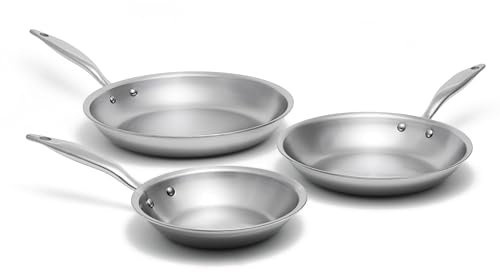 Heritage Steel 3 Piece Fry Pan Set | Made In USA | Titanium Series | 316Ti Skillet with Stay Cool Handle | Fully Clad Stainless Steel Pan with 5-Ply Construction | Induction Ready & Non Toxic