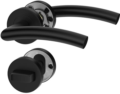 ERGO line OTTO Schwarz Türbeschlag für Badtüren WC, Türklinke Schwarz, Rund-Rosette, Türgriff für Türen, Drückergarnitur, Türbeschlag, Türklinken Innentüren, Türdrücker