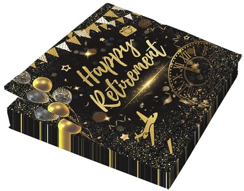 Einweg-Servietten mit Aufschrift Happy Retirement, Partydekoration, Einweg-Servietten, Abschied, Cocktail-Servietten für Damen und Herren, Ruhestand, Partyzubehör, 16,5 x 16,5 cm, gefaltet, 20 Stück